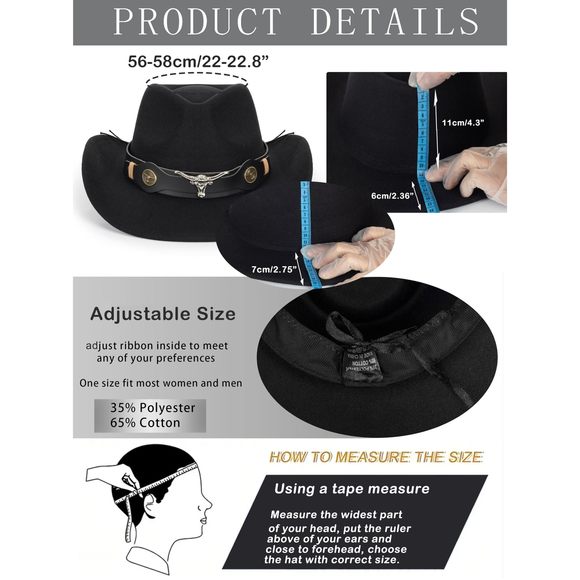 Felt Fedora Western Cowboy Hat For Women-men With Longhorn-bull-buckle-belt😼 - Picture 3 of 9